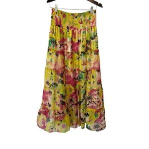 NWT Anthropologie Chaudry KC Yellow‎ Floral Tiered Maxi Skirt Art To Wear Small